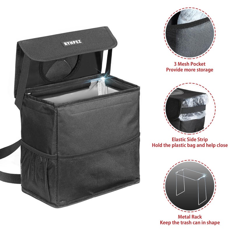 Ryhpez Car Trash Can with Lid - Car Trash Bag Hanging with Storage Pockets Collapsible and Portable Car Garbage Can with Metal Rack Support - Image 2